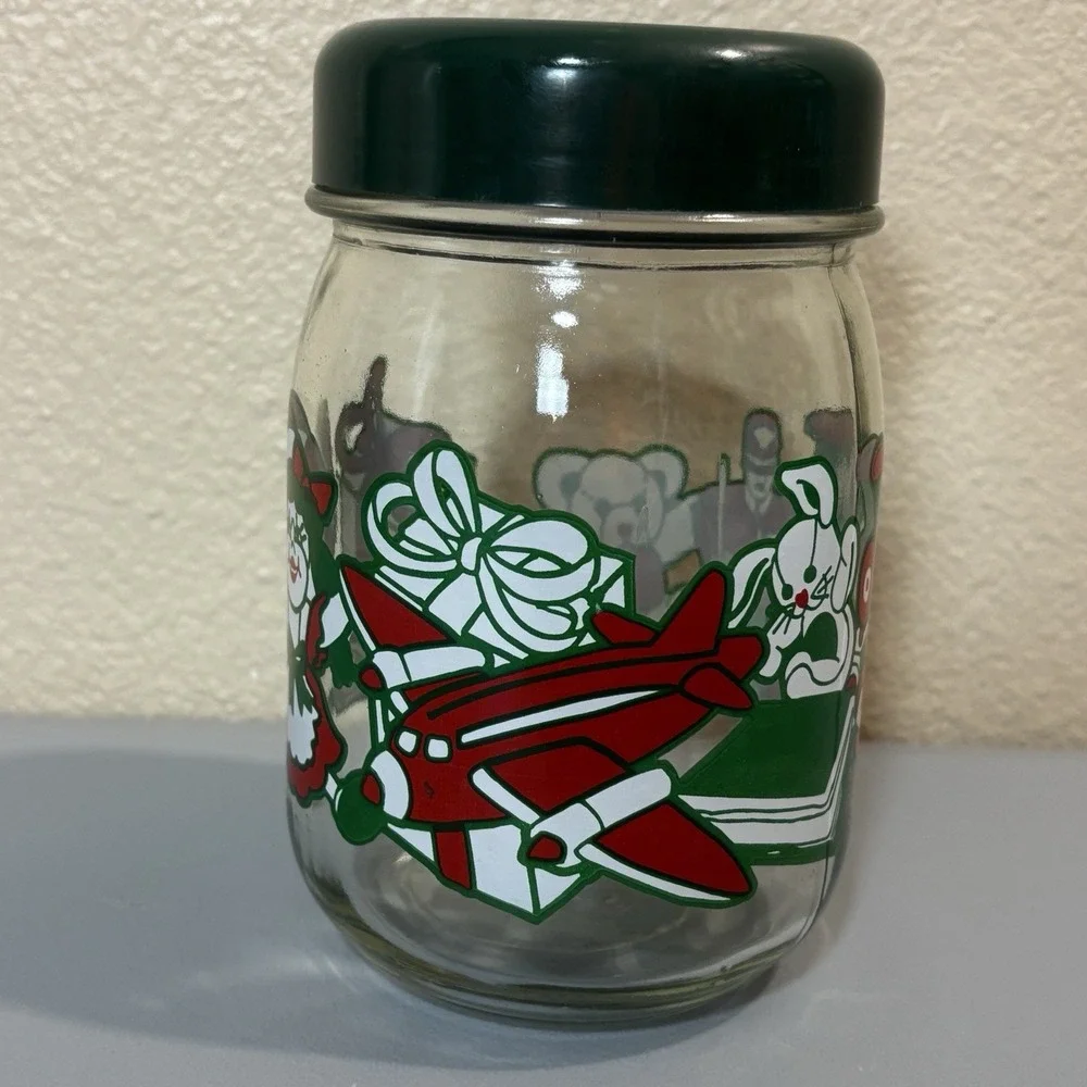 Anchor Hocking Christmas Canister Candy Jar Glass Green Lid Holiday Toys 1980's